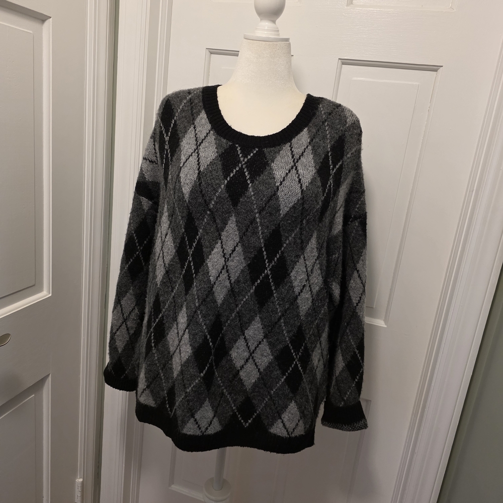 The Workshop Black & Gray Argyle Pullover Sweater Size Large, Casual
